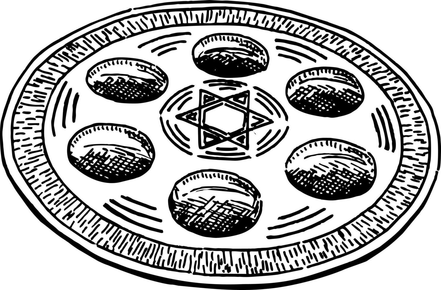 Pasqua ebraica seder piatto schizzo. il Pasqua ebraica seder piatto è un' speciale piatto contenente simbolico Alimenti mangiato o visualizzato a il Pasqua ebraica seder vettore