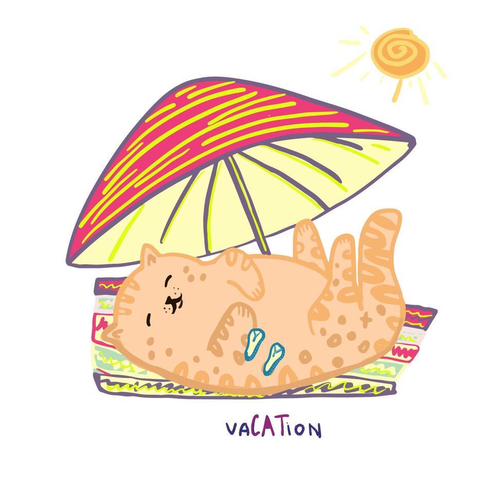 carino poco gatto è riposo su vacanza. prendere il sole su il spiaggia. vettore illustrazione.