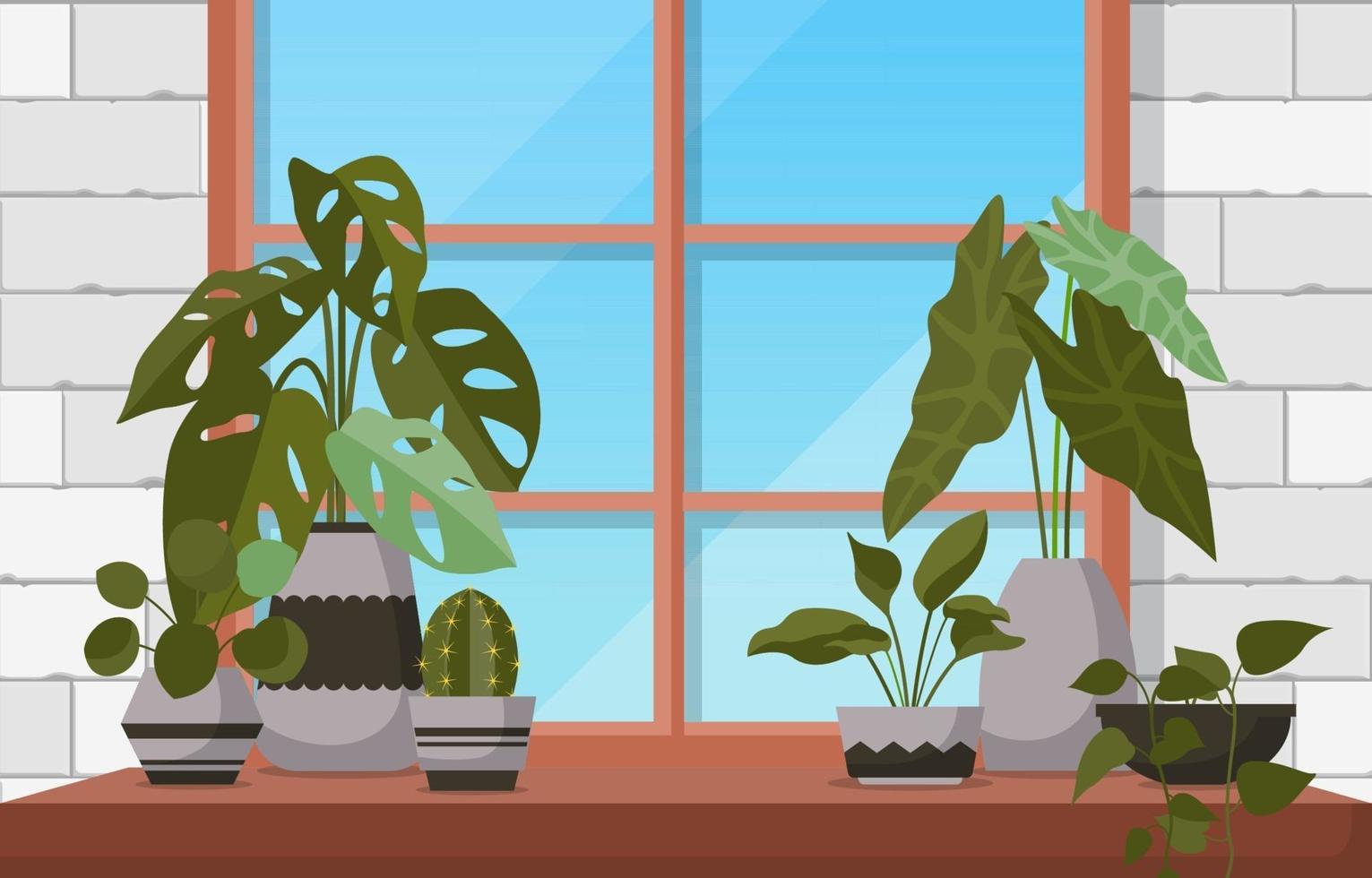 illustrazione della casa della finestra della pianta decorativa verde della pianta d'appartamento tropicale vettore