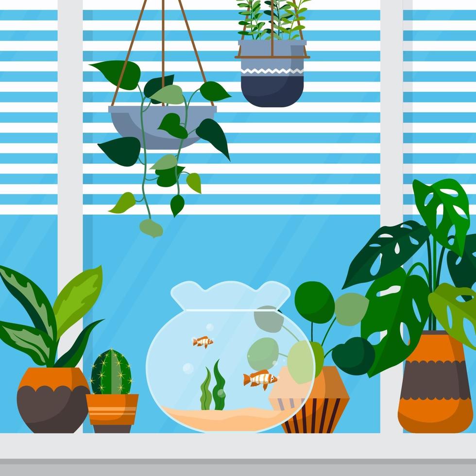 illustrazione della casa della finestra della pianta decorativa verde della pianta d'appartamento tropicale vettore