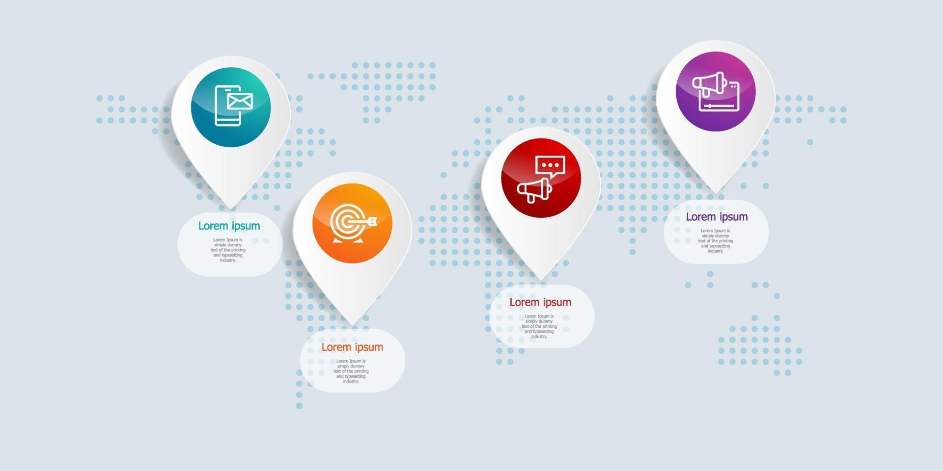 infografica timeline orizzontale astratta 4 passaggi con mappa del mondo per affari e presentazione vettore