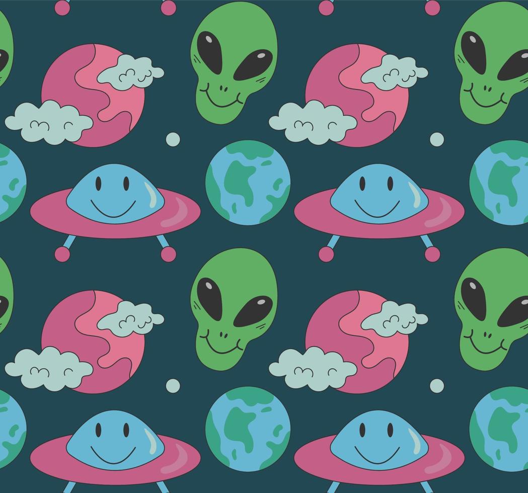 Groovy modello alieno, ufo, pianeta nel cartone animato hippie stile su buio sfondo vettore