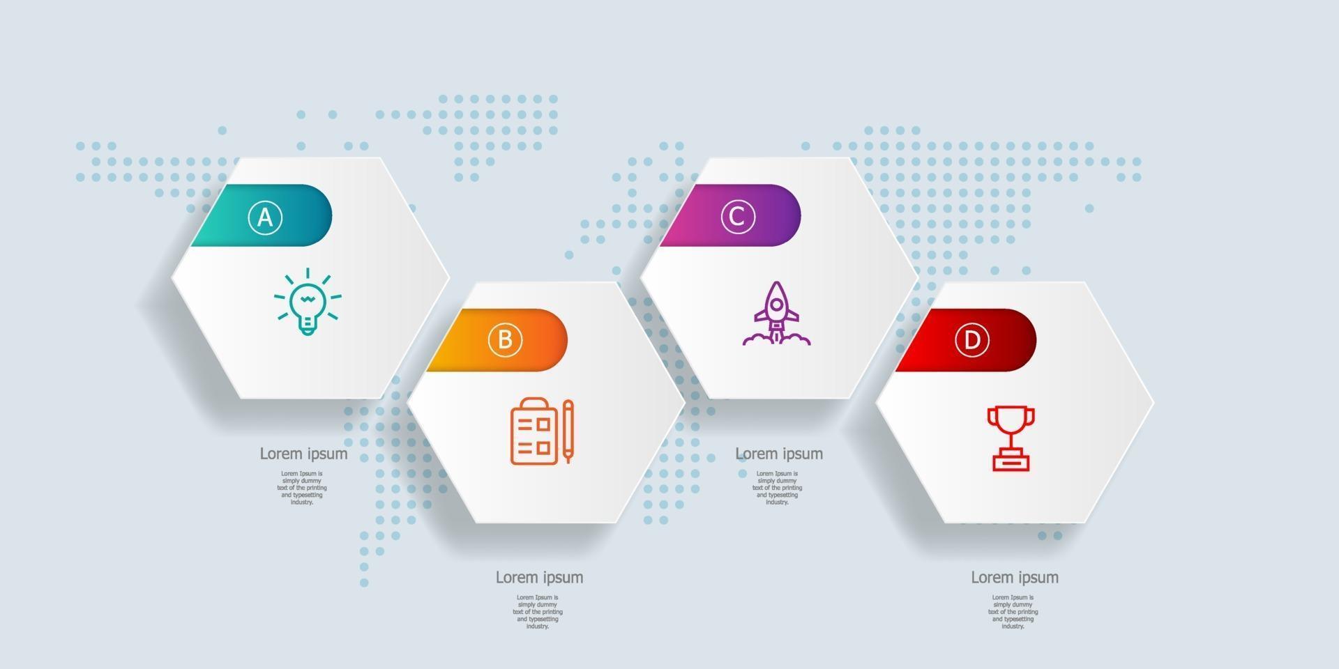 infografica timeline di esagono orizzontale astratto 4 passaggi con mappa del mondo per affari e presentazione vettore