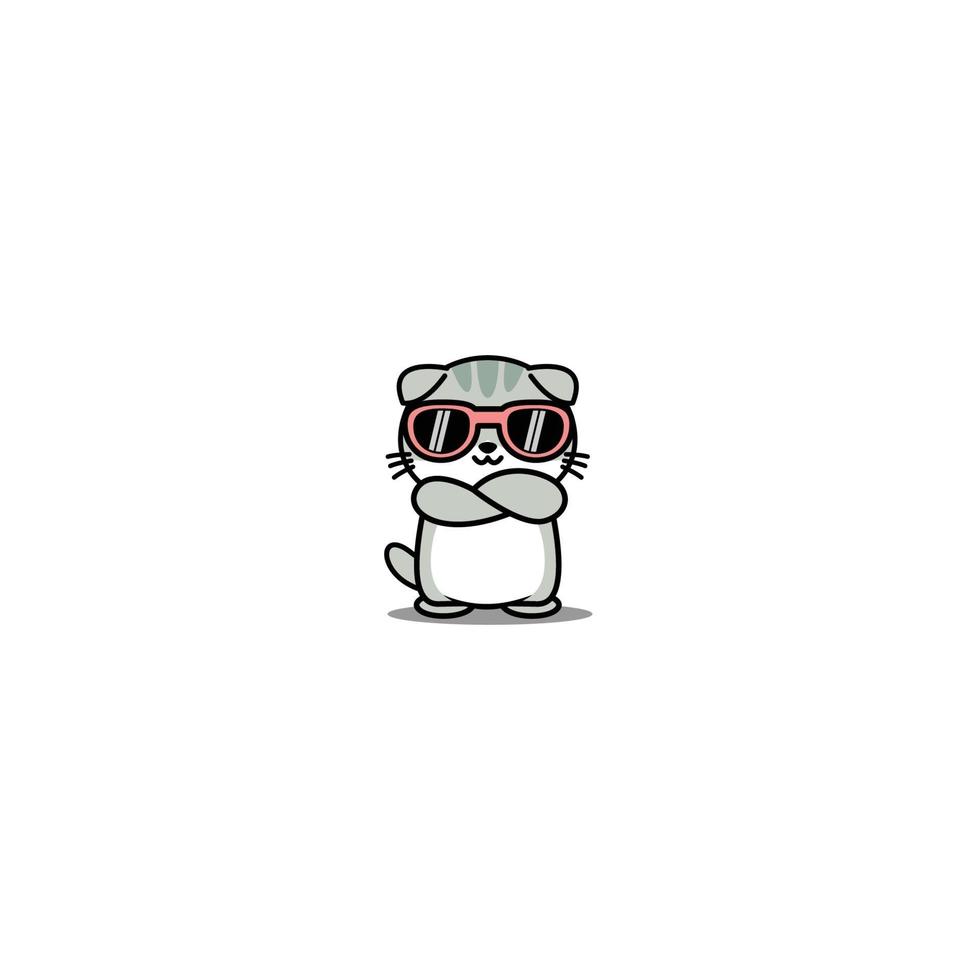 simpatico gatto scottish fold con occhiali da sole attraversando le braccia cartoon, illustrazione vettoriale