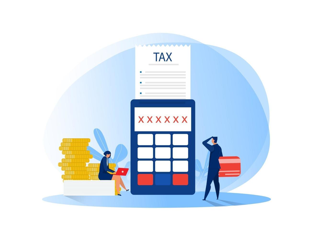 analisi finanziaria fiscale uomini d'affari calcolo documento per illustrazione vettoriale piatto tasse