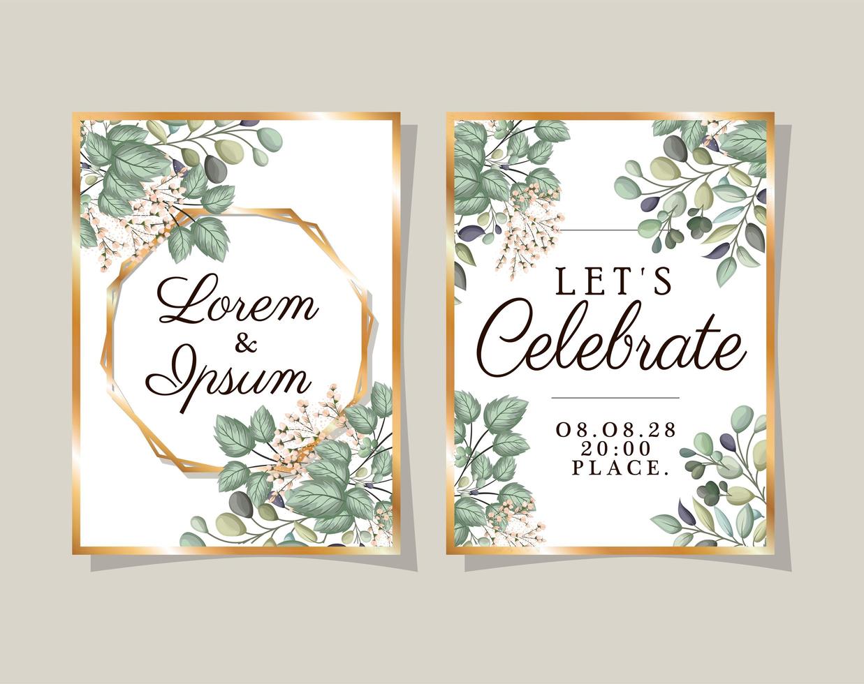 due inviti di nozze con cornici dorate fiori e foglie disegno vettoriale