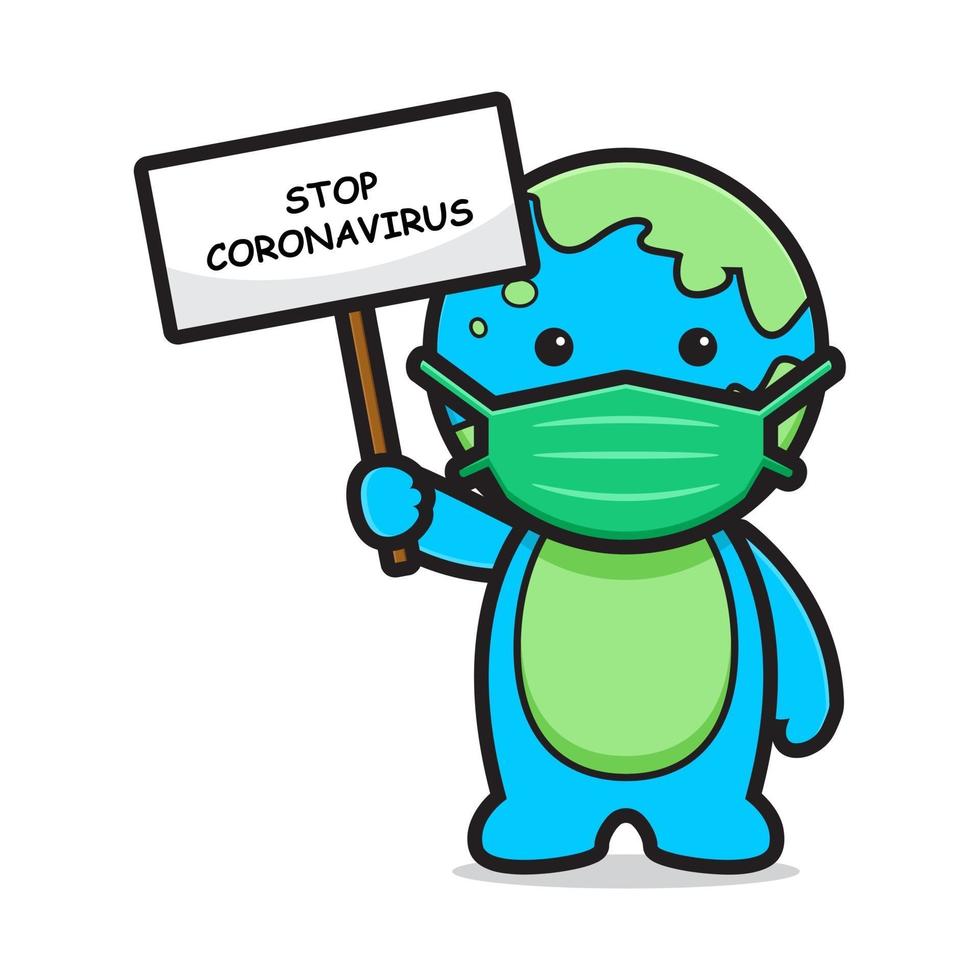 simpatico personaggio mascotte della terra che indossa la maschera ferma l & # 39; illustrazione dell & # 39; icona di vettore del fumetto del coronavirus