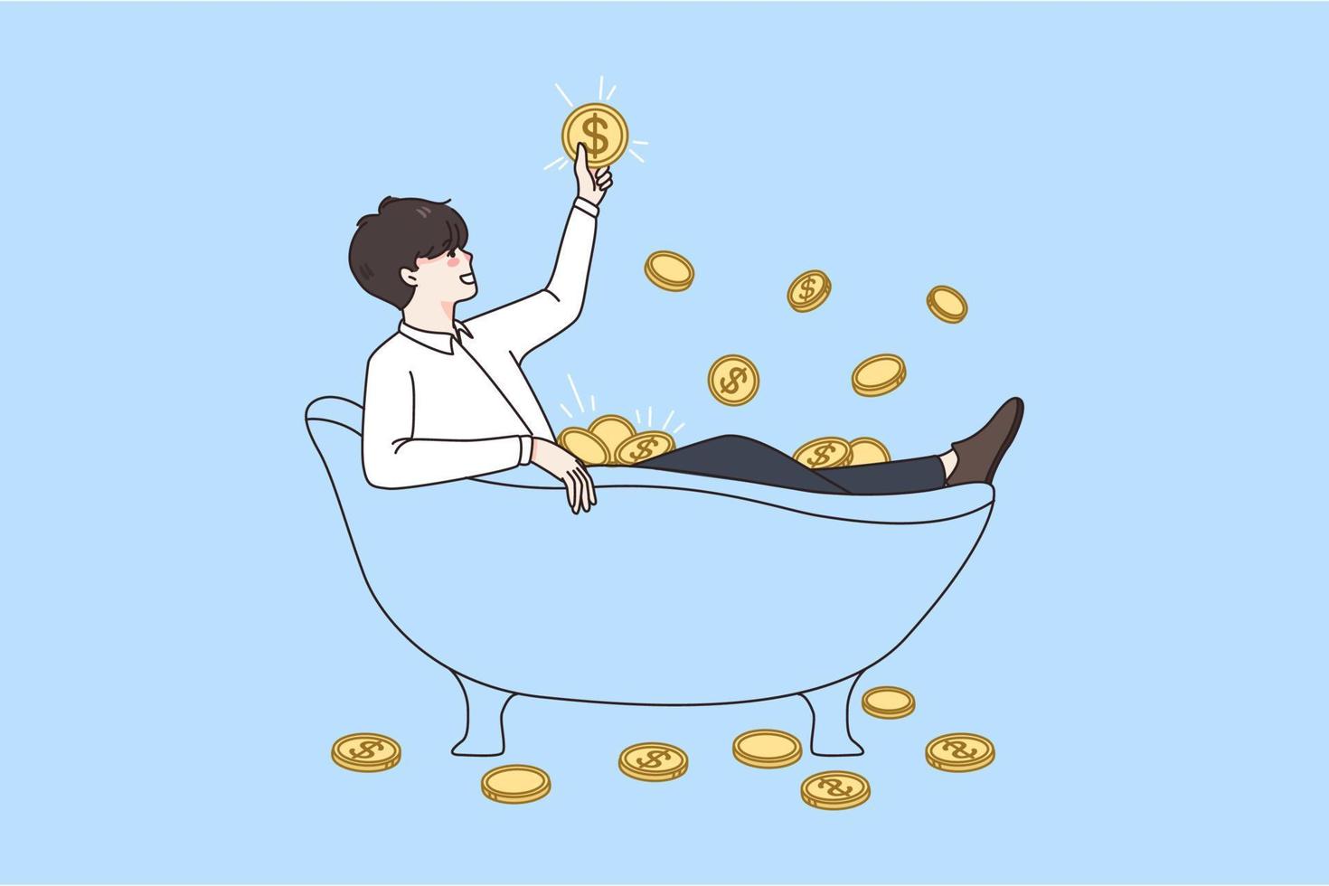 finanziario successo e ricchezza concetto. giovane sorridente uomo seduta nel bagno pieno di d'oro dollaro monete godendo i soldi vettore illustrazione