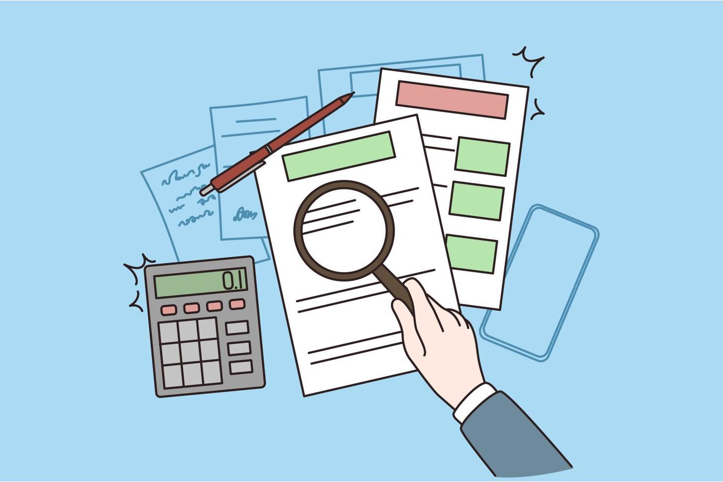 finanziario analisi e figure concetto. superiore Visualizza di umano mani lavoratore conteggio fatture figure con lente d'ingrandimento e calcolatrice al di sopra di tavolo vettore illustrazione