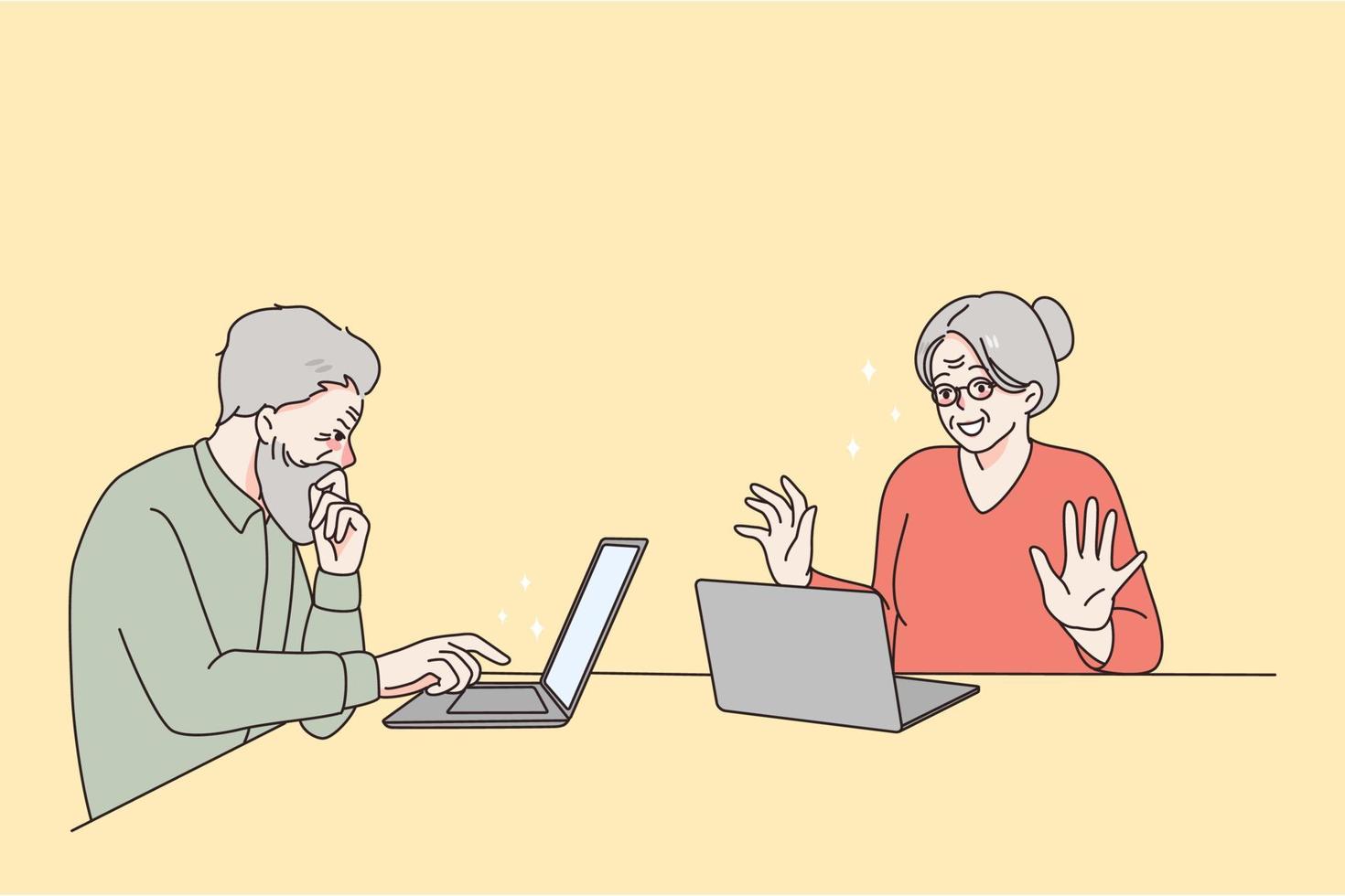 moderno contento stile di vita di pensionati concetto. sorridente allegro anziano maturo coppia uomo e donna seduta vicino computer portatili e utilizzando Internet vettore illustrazione