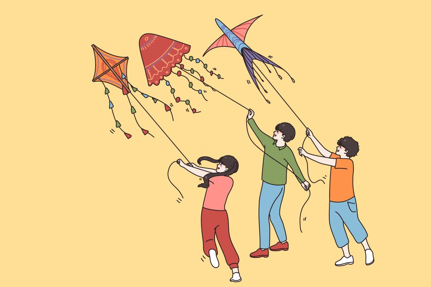 estate tempo libero all'aperto attività concetto. gruppo di bambini bambini amici in piedi kite avendo divertimento insieme nel estate vettore illustrazione