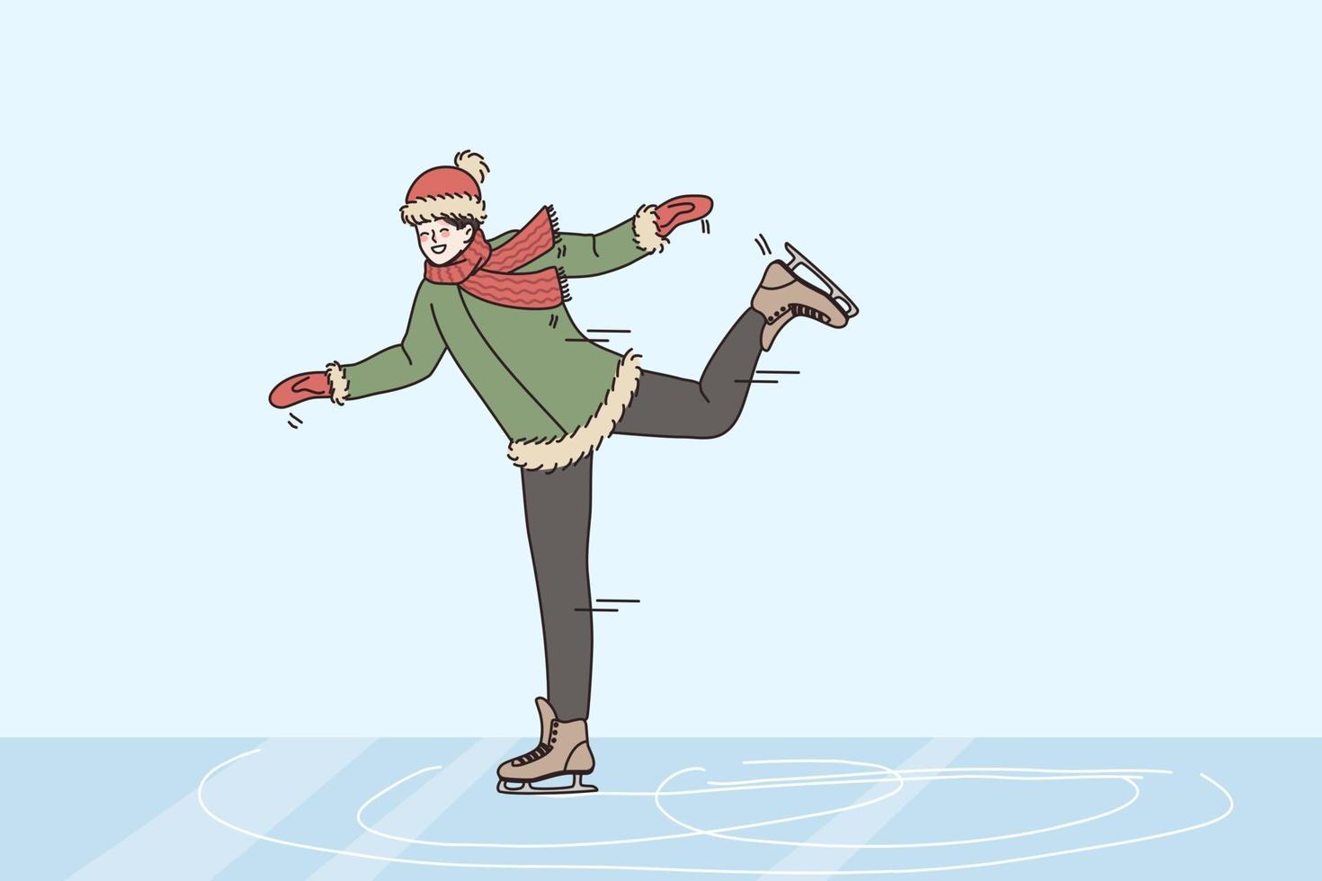 inverno divertimento e attività concetto. sorridente ragazzo indossare sciarpa e cappello pattinando su pista godendo avendo divertimento tempo libero e scorta tempo vettore illustrazione