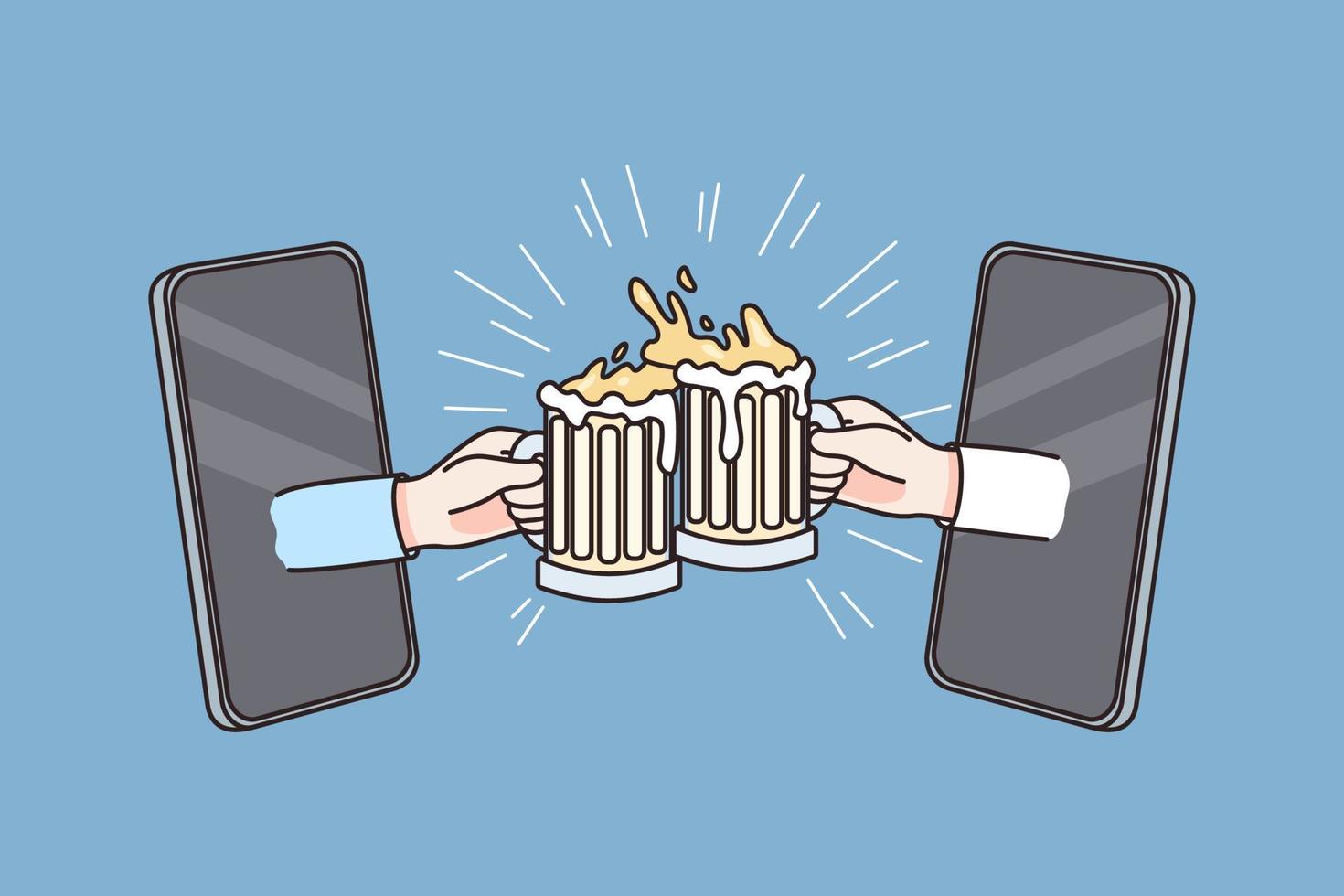 in linea festa e celebrazione concetto. umano mani tintinnante bicchieri con birra in linea a partire dal smartphone schermi al di sopra di blu sfondo vettore illustrazione