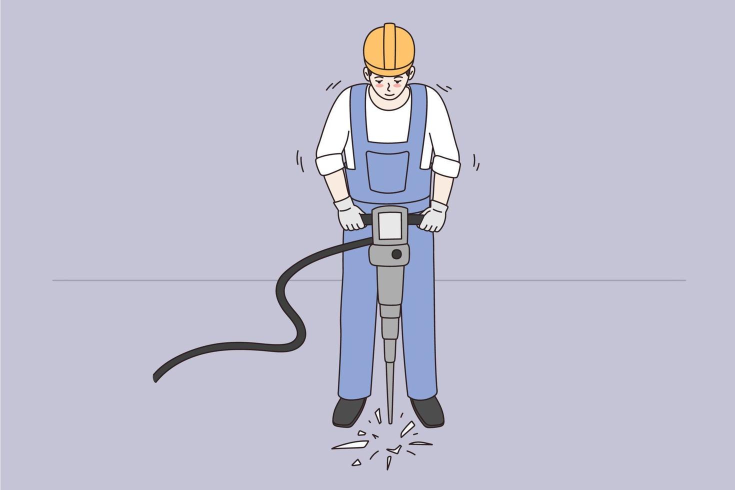 costruzione lavori e industria concetto. uomo lavoratore indossare casco e blu uniforme in piedi perforazione terra con speciale macchina vettore illustrazione