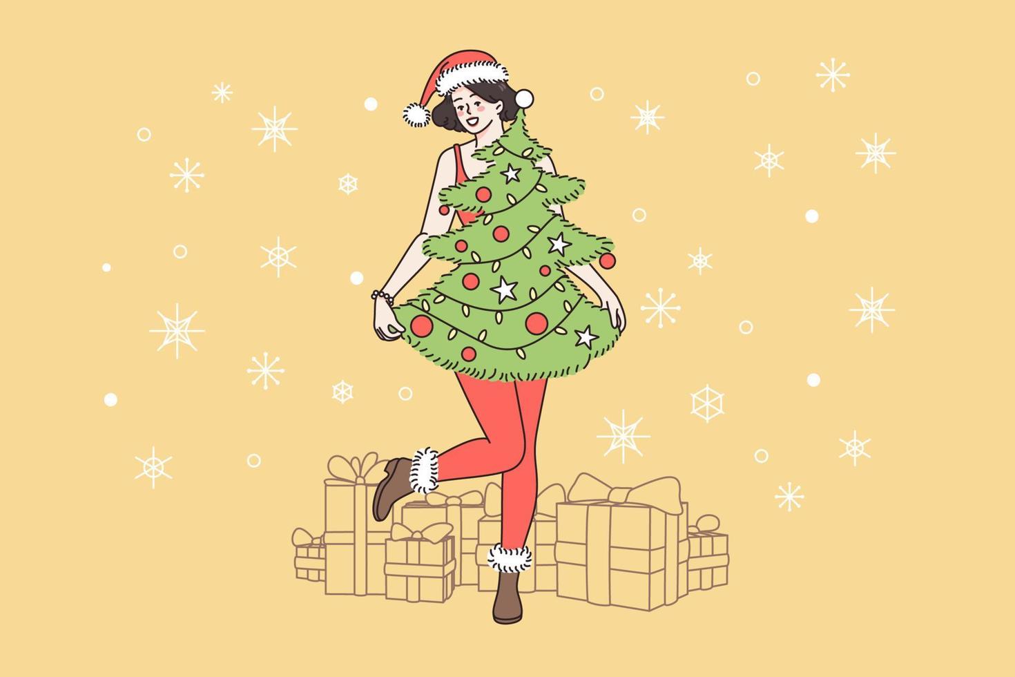 preparazione per Natale e nuovo anno vacanze concetto. sorridente contento ragazza in piedi e indossare Natale albero con decorazioni come vestito e Santa cappello al di sopra di vacanza regali vettore illustrazione