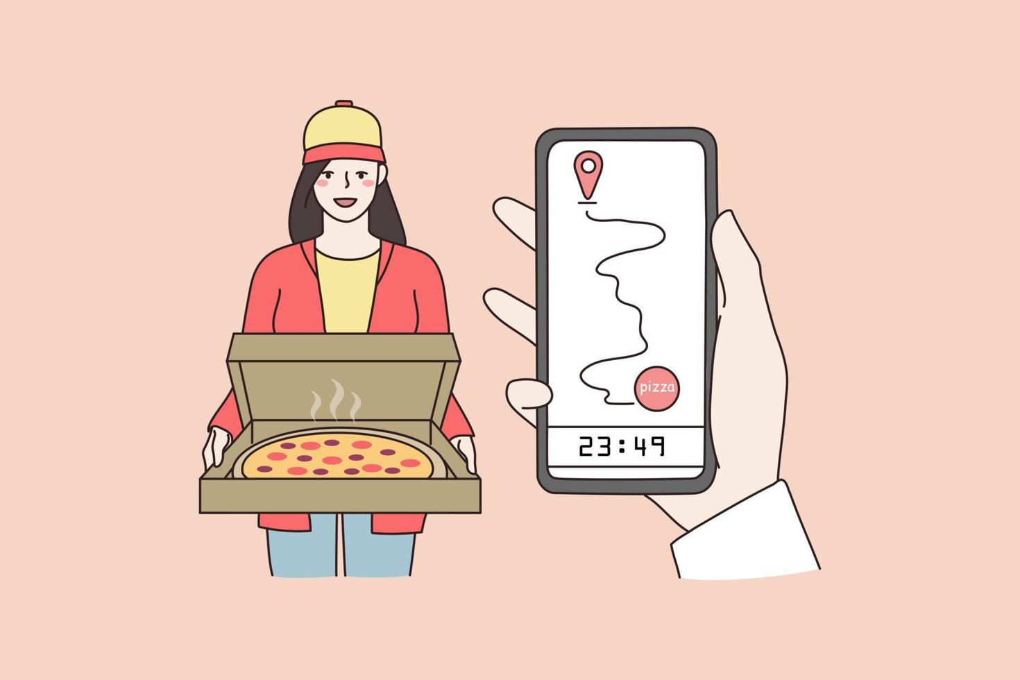 Pizza consegna ragazza Corriere nel porta, puntamento ordine in linea su smartphone. ordinazione cibo a ristorante utilizzando cellulare applicazione. consegnare, porta via, Fast food concetto. vettore illustrazione.