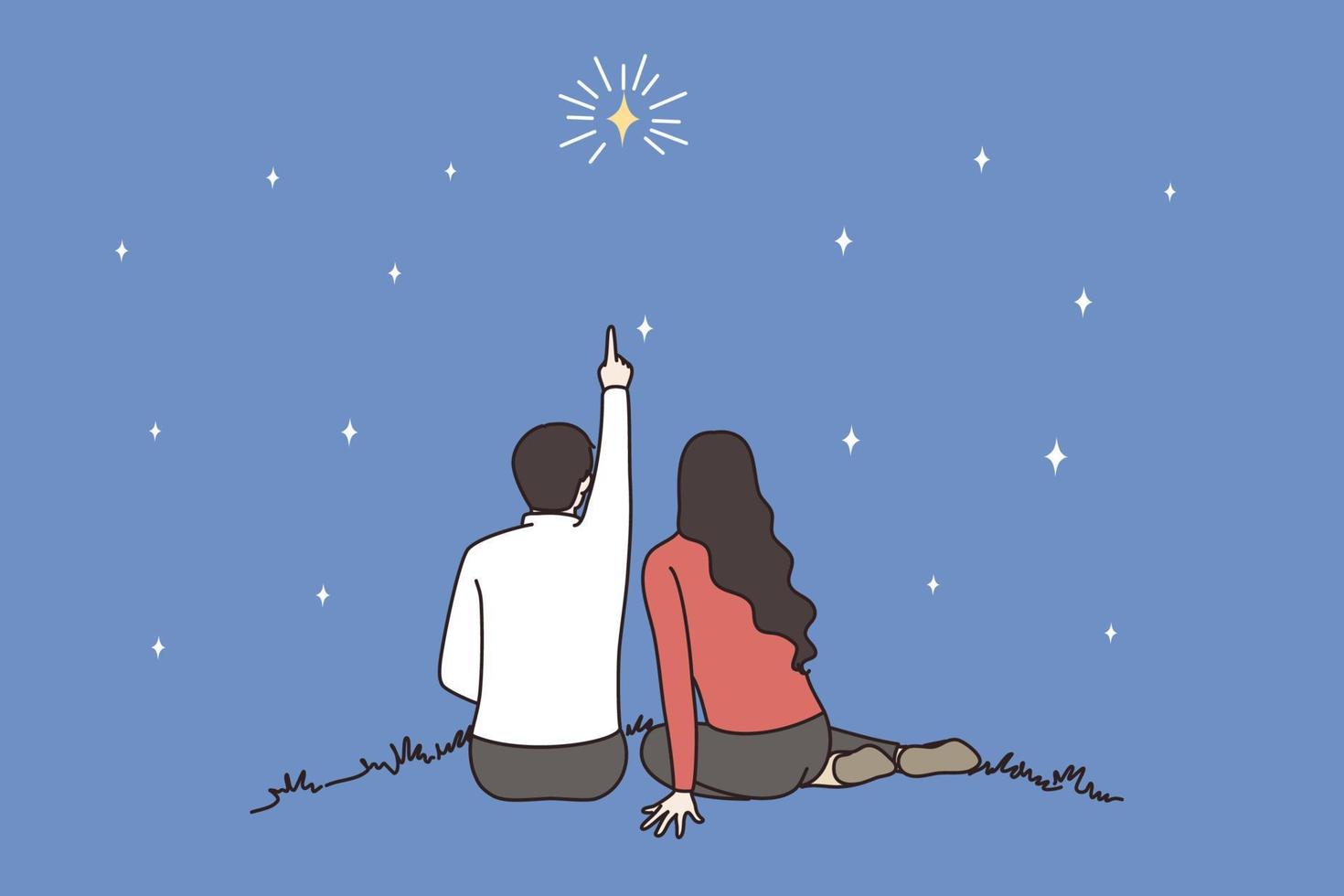 indietro Visualizza di amante coppia sedersi all'aperto contare stelle su romantico sera insieme. uomo e donna Guarda nel buio notte cielo, godere romanza su Data. amore e relazione concetto. vettore illustrazione.