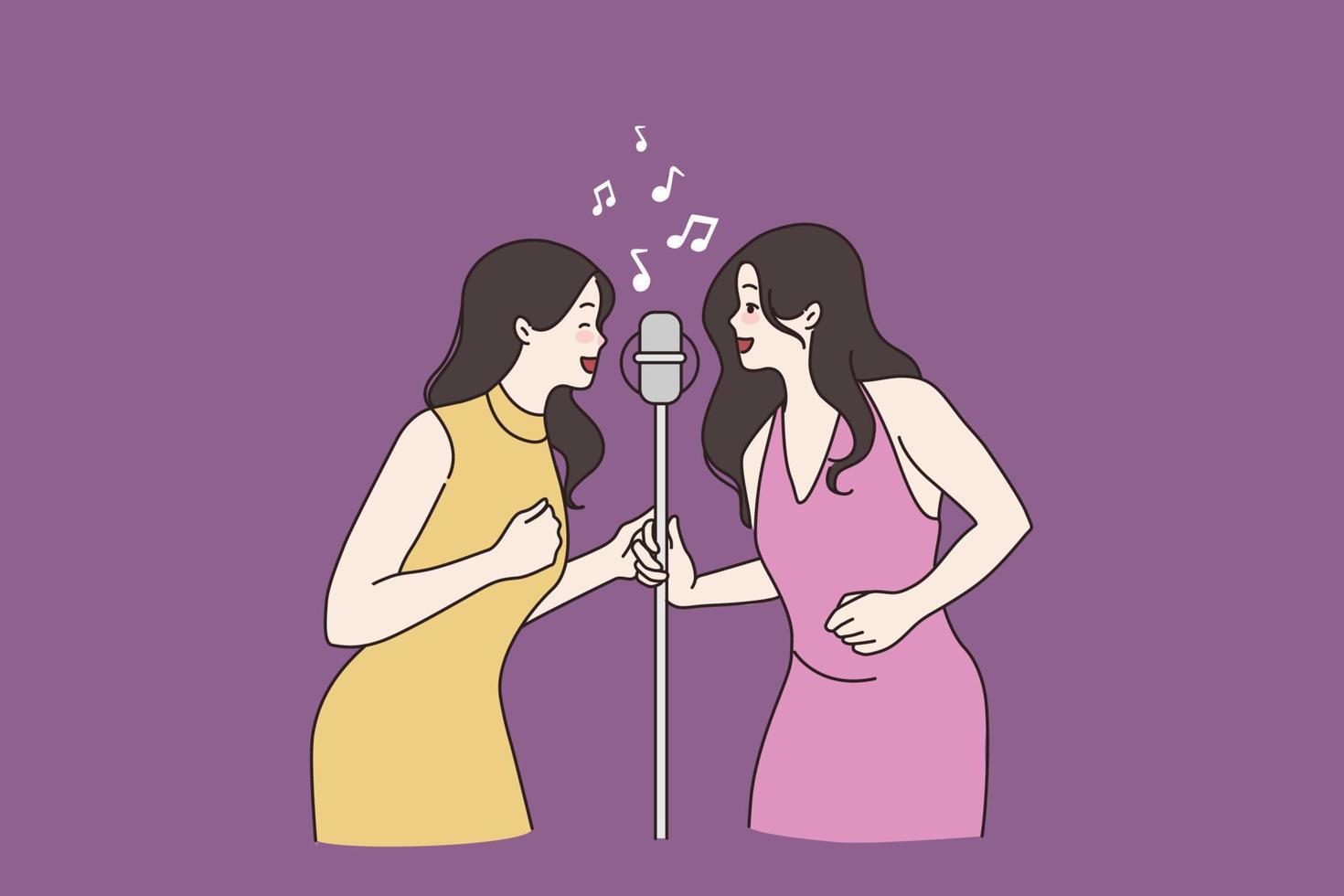 sorridente donne amici avere divertimento cantare nel microfono rilassare nel karaoke bar insieme. contento del Millennio ragazze cantanti preforma canzone nel duo, riposo su palcoscenico. artista, passatempo, musica concetto. vettore illustrazione.