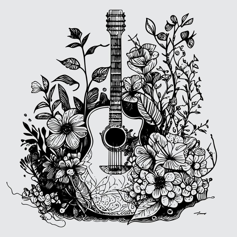 chitarra con floreale ornamento è un' bellissimo e unico strumento. esso Caratteristiche intricato disegni di fiori e viti, aggiungendo un' toccare di eleganza e natura per il classico chitarra forma vettore