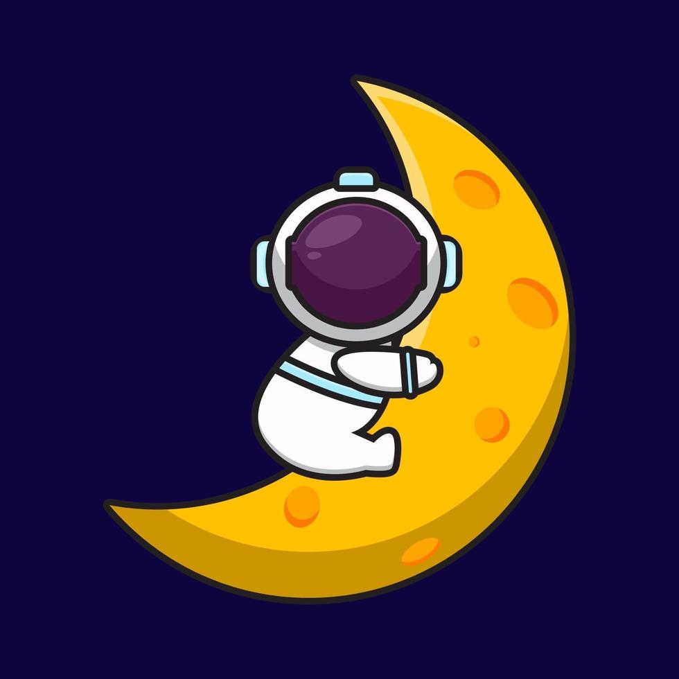 Simpatico personaggio astronauta abbraccio luna fumetto icona vettore illustrazione