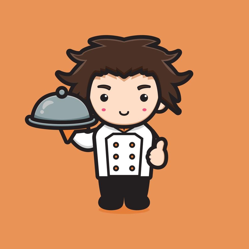 Simpatico personaggio chef tenendo la piastra calda icona del fumetto vettoriale illustrazione
