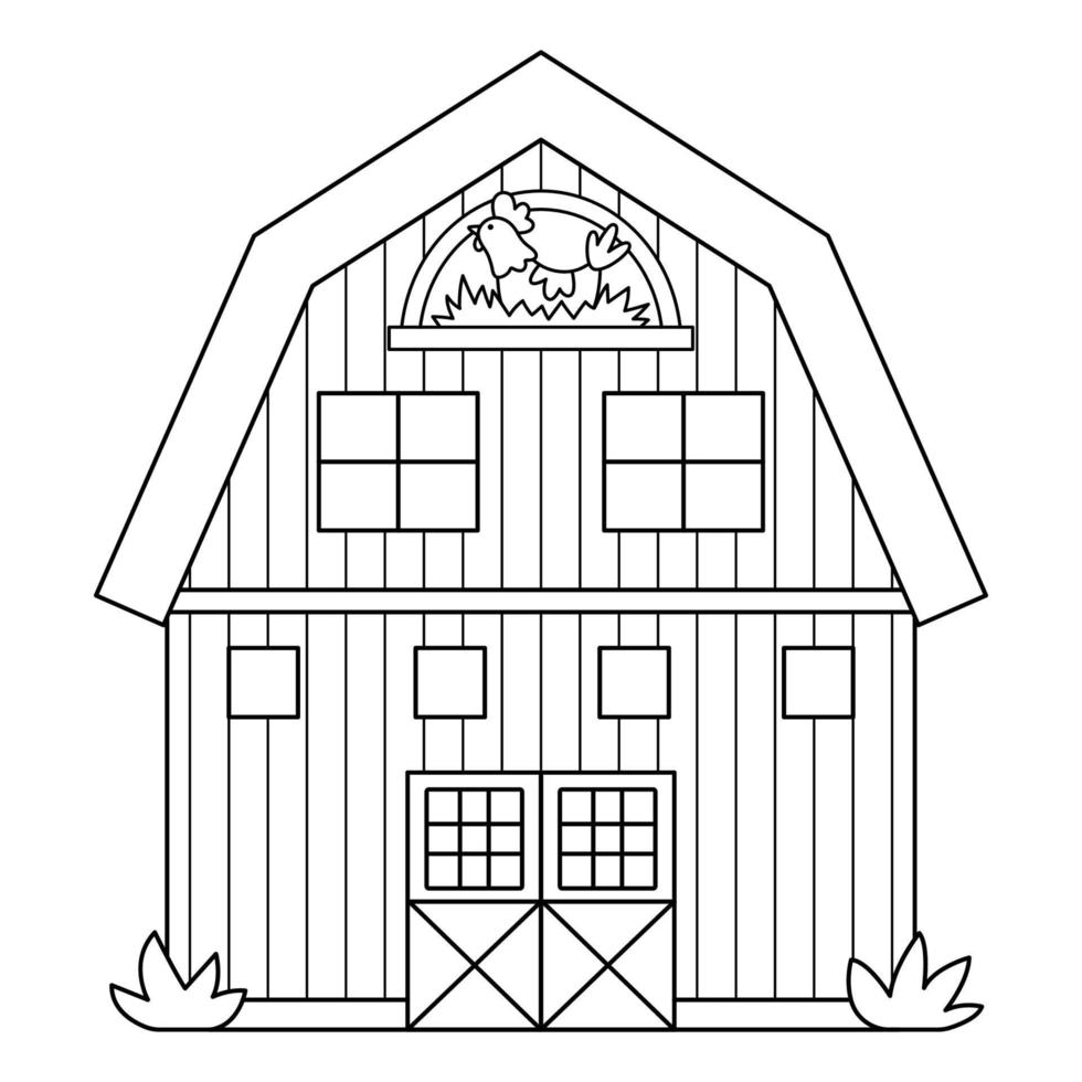 vettore nero e bianca fienile icona isolato su bianca sfondo. azienda agricola capannone schema illustrazione. carino linea legnaia con finestre e gallina nel il nido. rurale giardino dipendenza immagine o colorazione pagina