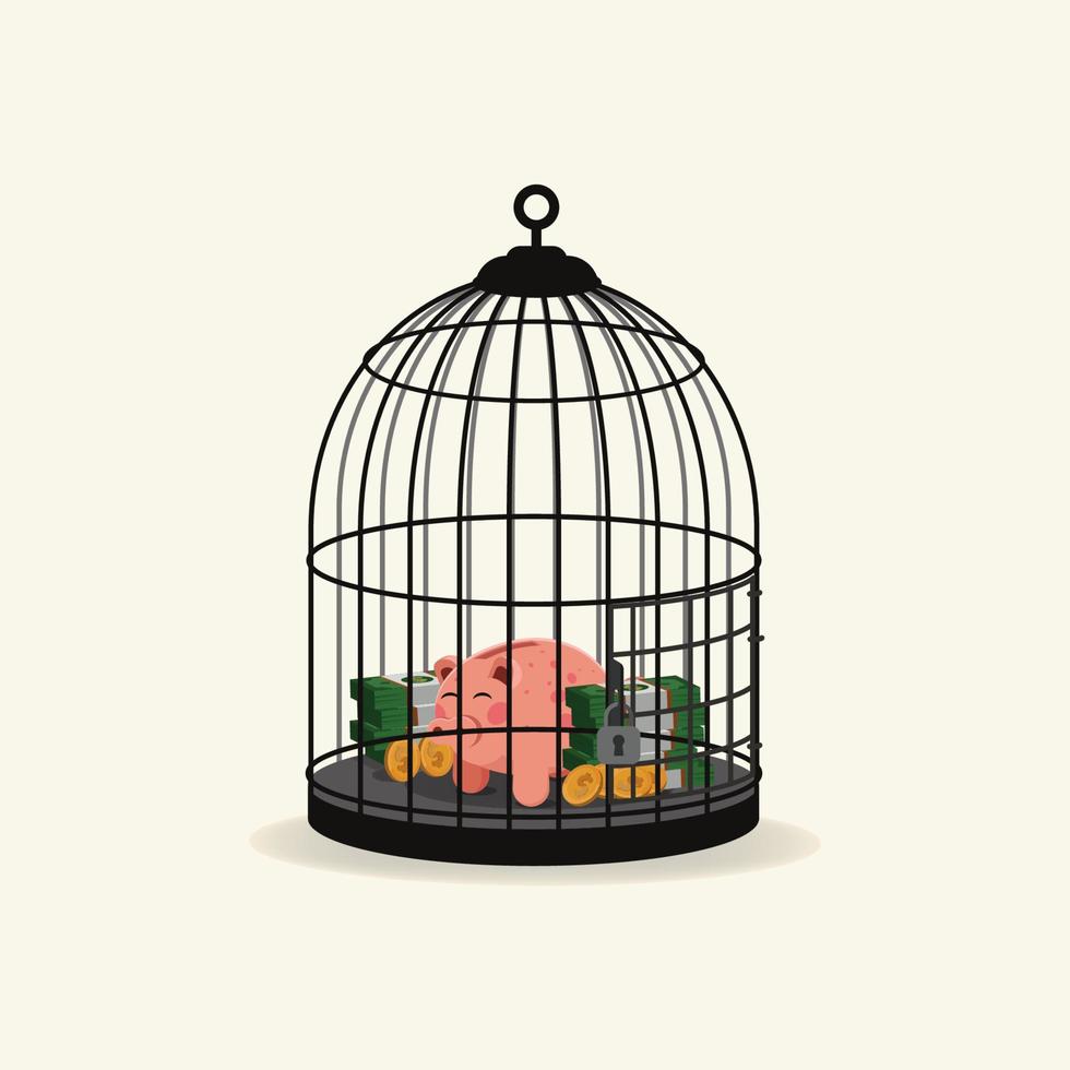 porcellino banca e i soldi dentro di gabbia per uccelli. pila di i soldi concetto illustrazione vettore