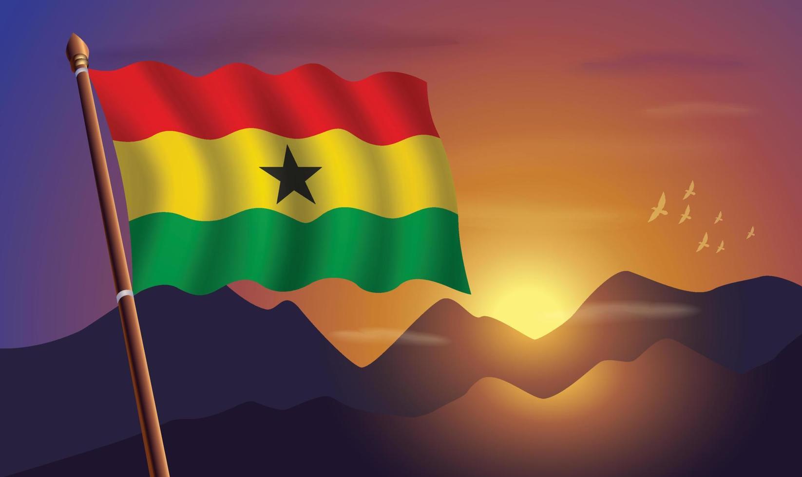 Ghana bandiera con montagne e tramonto nel il sfondo vettore