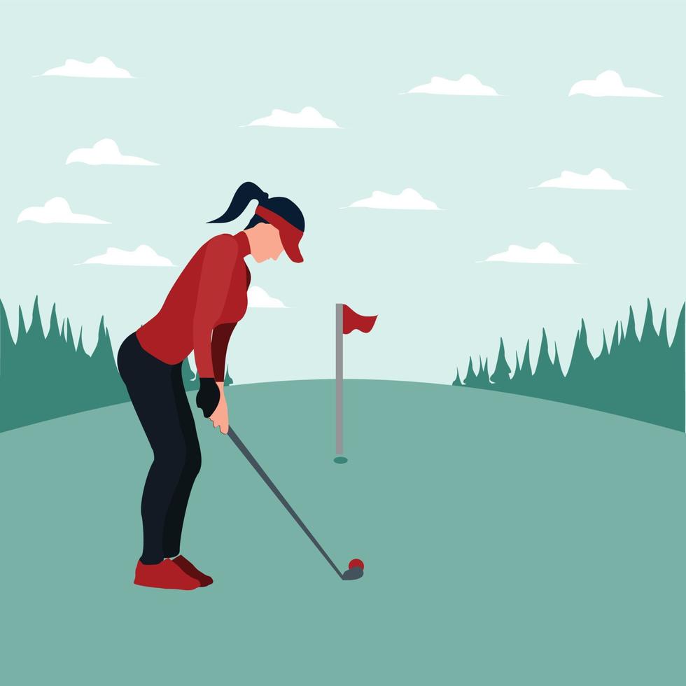 vettore illustrazioni - donna formazione golf su il soleggiato giorno - piatto cartone animato stile