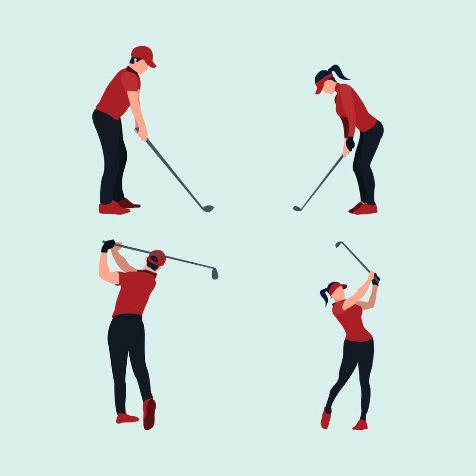 vettore illustrazioni - uomo e donna swing golf bastone - piatto cartone animato illustrazioni