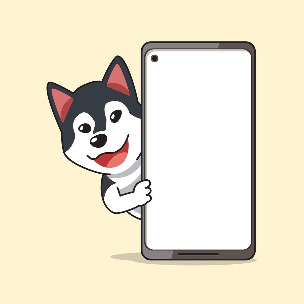 cartone animato personaggio siberiano rauco cane e smartphone vettore