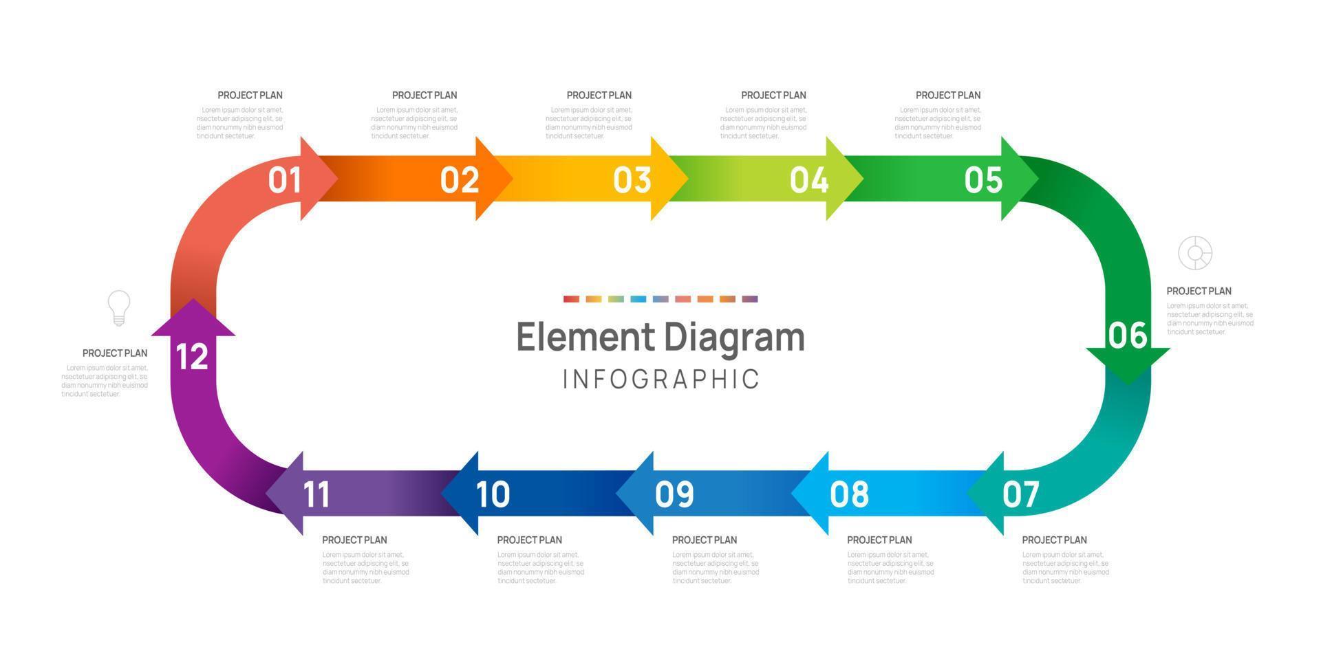 Infografica freccia modello per attività commerciale. 12 passaggi moderno sequenza temporale elemento diagramma pietra miliare presentazione vettore infografica.