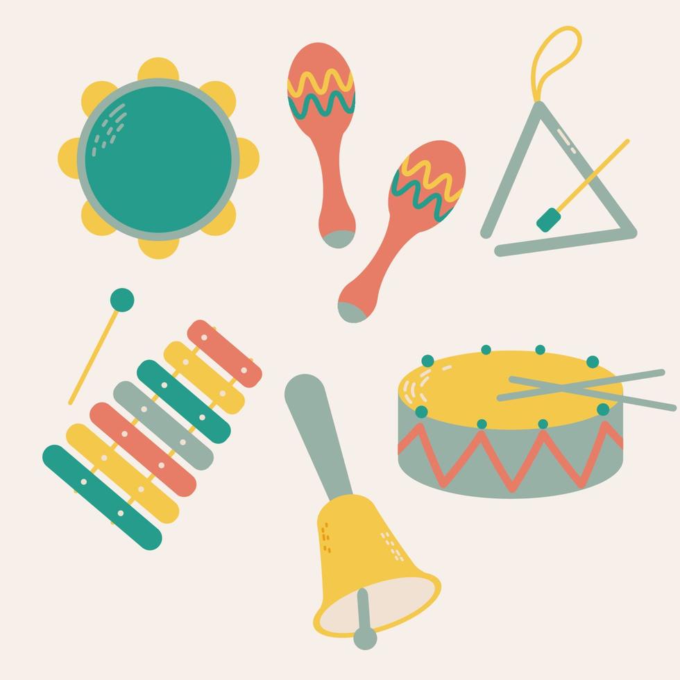 vettore impostato di bambini musicale strumenti disegnato nel cartone animato piatto stile. isolato su beige sfondo carino bambini musicale giocattoli - tamburellare, maracas, triangolo, campana, xilofono, tamburello.