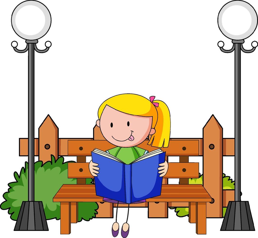 carino ragazza lettura libro doodle personaggio dei cartoni animati con elementi del parco vettore