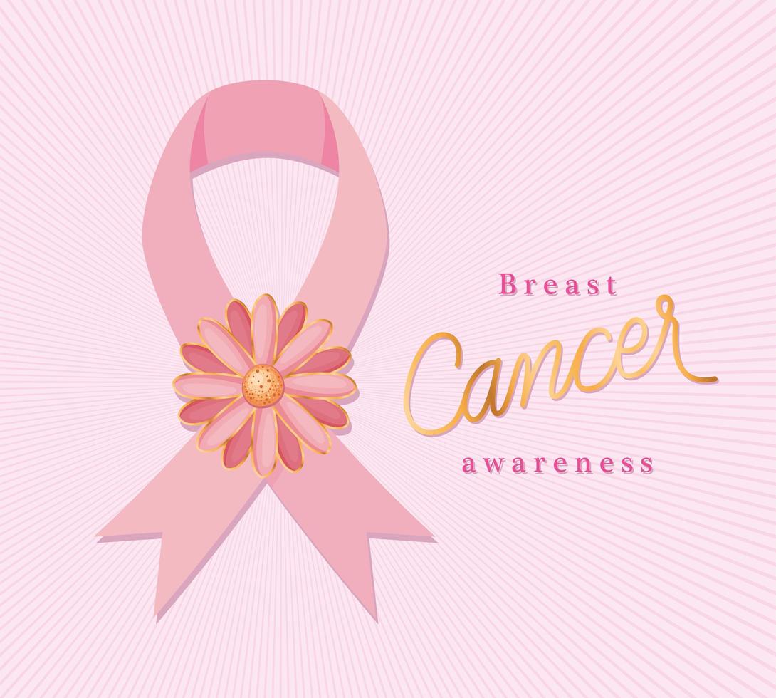 nastro rosa con fiore per il disegno vettoriale di consapevolezza del cancro al seno
