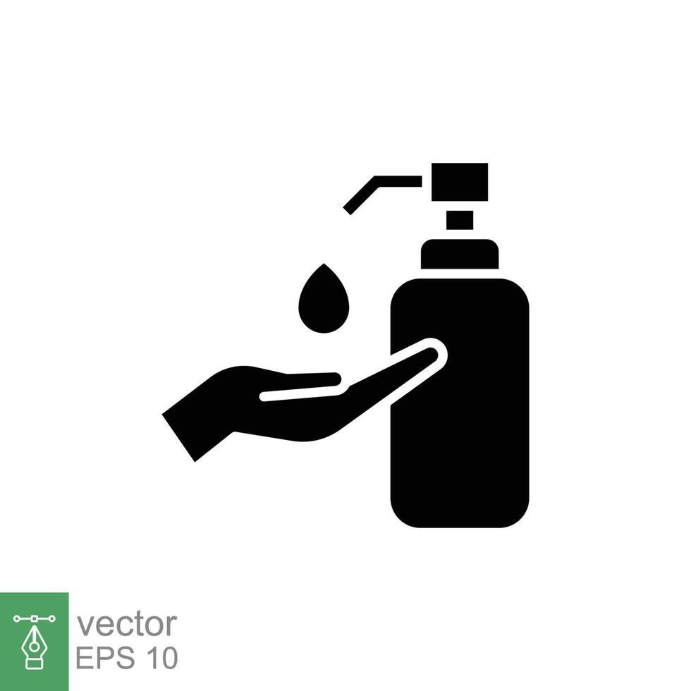 mano disinfettante icona, solido stile. lavaggio mano con disinfettante liquido sapone. nero silhouette simbolo. vettore illustrazione design isolato su bianca sfondo. eps 10.