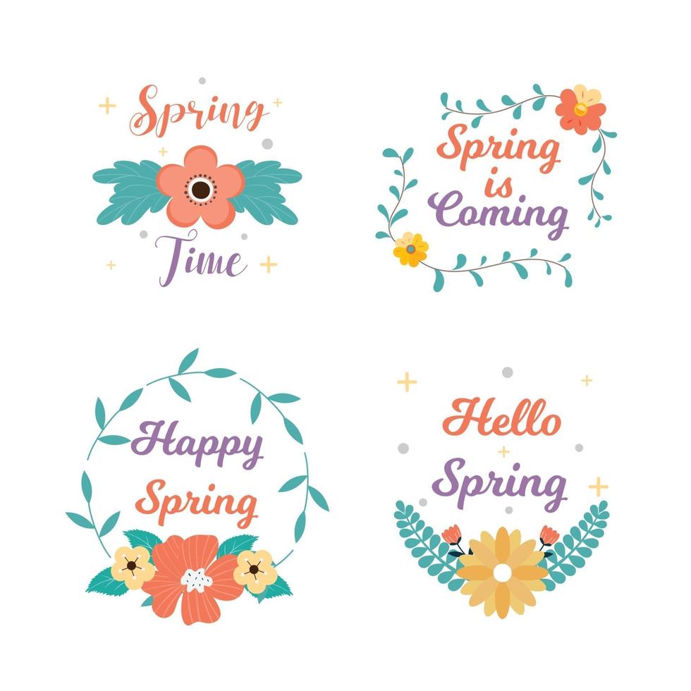 collezione di badge e etichette primaverili. Ciao Primavera. la primavera sta arrivando. disegnato a mano. biglietto d'auguri. illustrazione vettoriale. design piatto. vettore