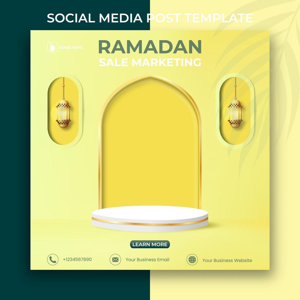 banner marketing vendita ramadan. modello di post sui social media modificabile. 3d ramadan kareem con podio. vettore