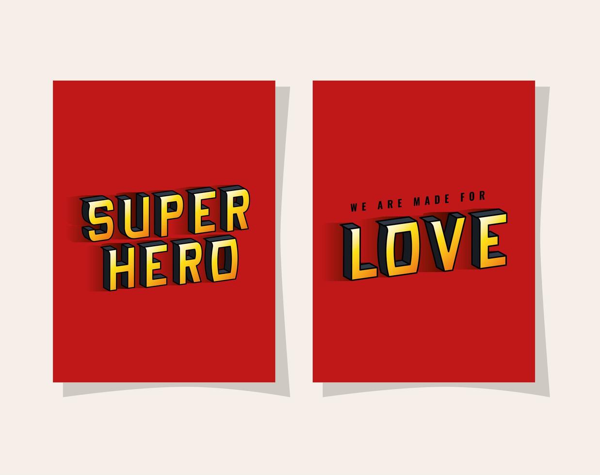 Super eroe 3D e amore scritte su sfondi rossi disegno vettoriale