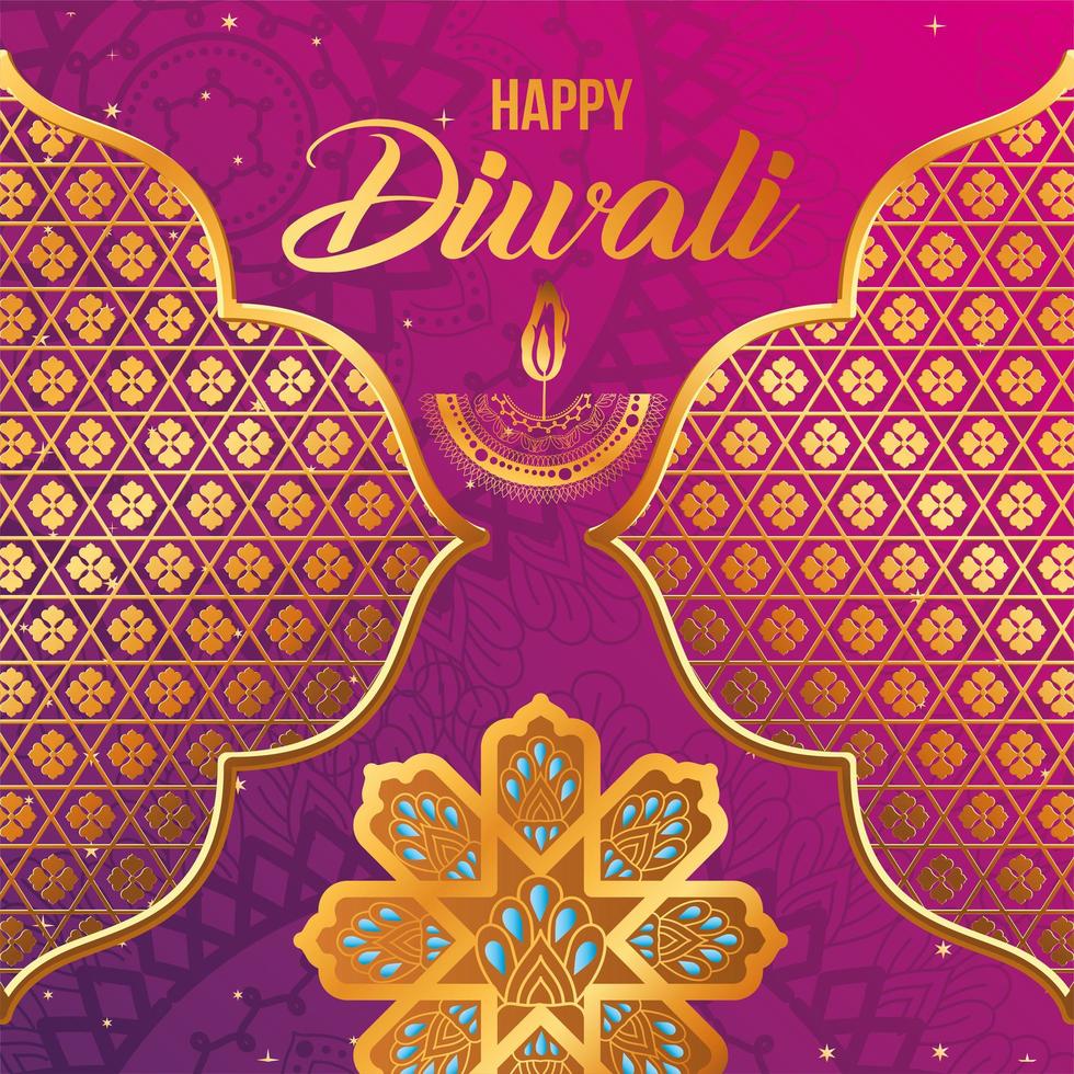 felice diwali candela oro arabesco fiori e cornici su sfondo sfumato rosa e viola disegno vettoriale