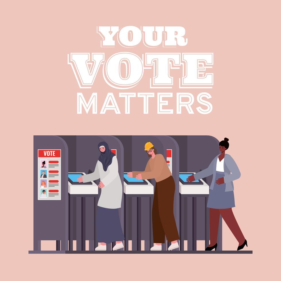 le donne in cabina elettorale con il tuo voto importa disegno vettoriale di testo