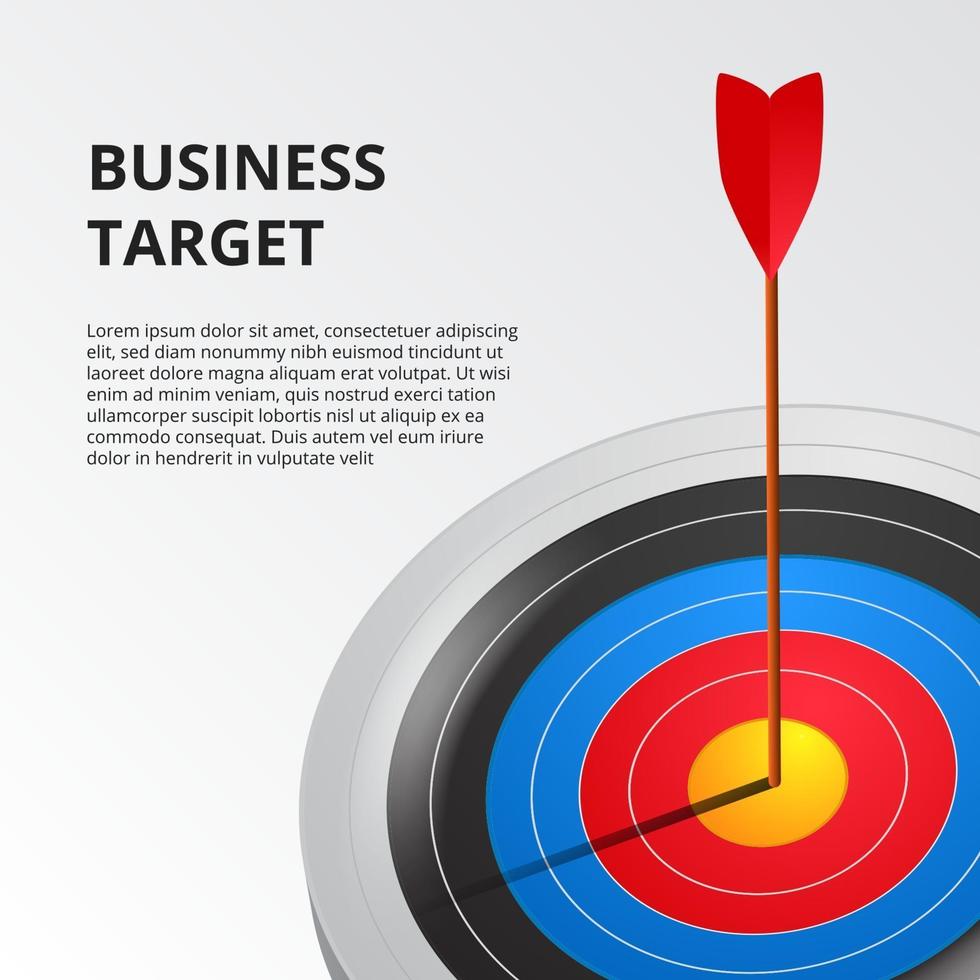 tiro con l'arco di successo singola freccia sulla scheda obiettivo 3d. concetto di illustrazione di raggiungimento degli obiettivi aziendali. vettore