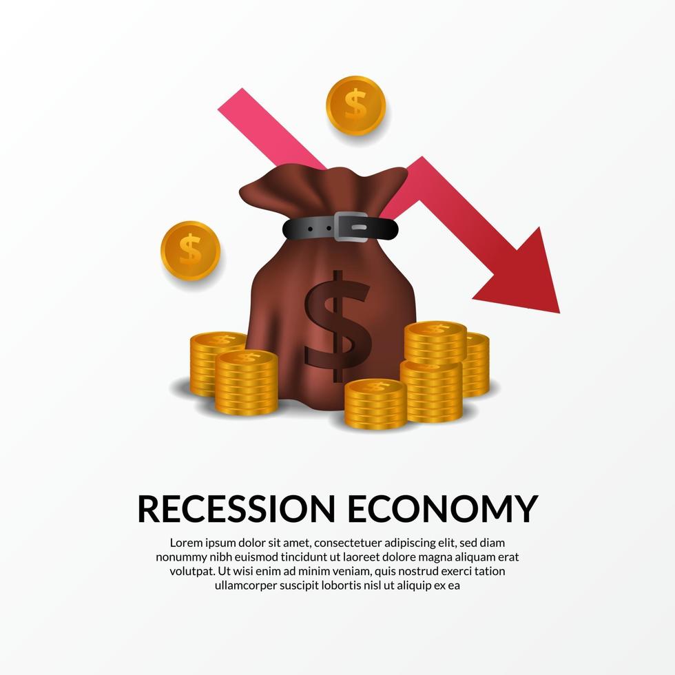 crisi finanziaria aziendale. recessione dell'economia globale. inflazione e bancarotta. illustrazione del sacco di soldi, soldi d'oro e freccia rossa ribassista vettore