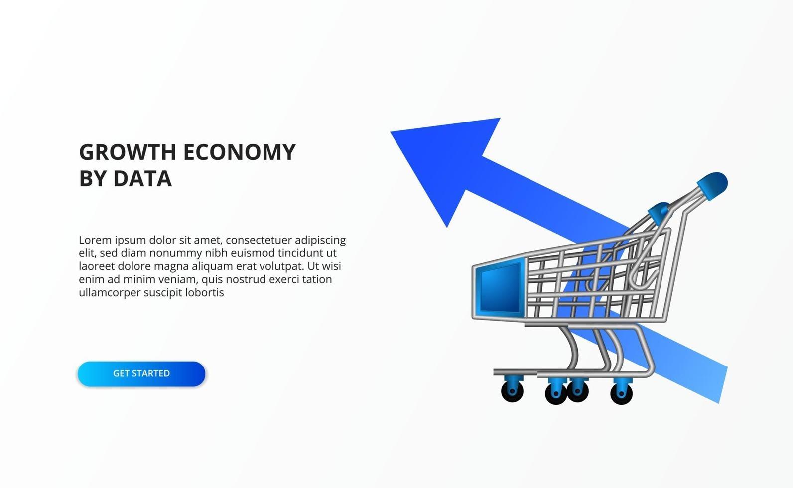 la crescita dell'economia dello shopping al dettaglio con l'illustrazione del carrello del carrello e il concetto di freccia blu su vettore