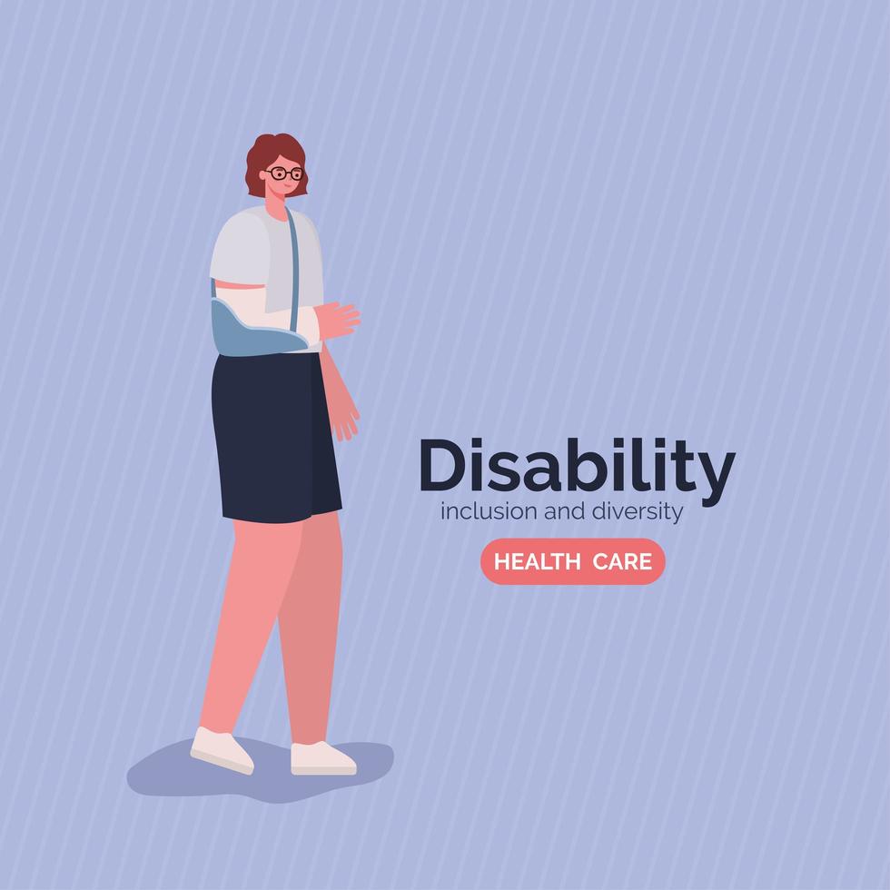 poster di consapevolezza della disabilità con la donna con il disegno vettoriale di braccio cast