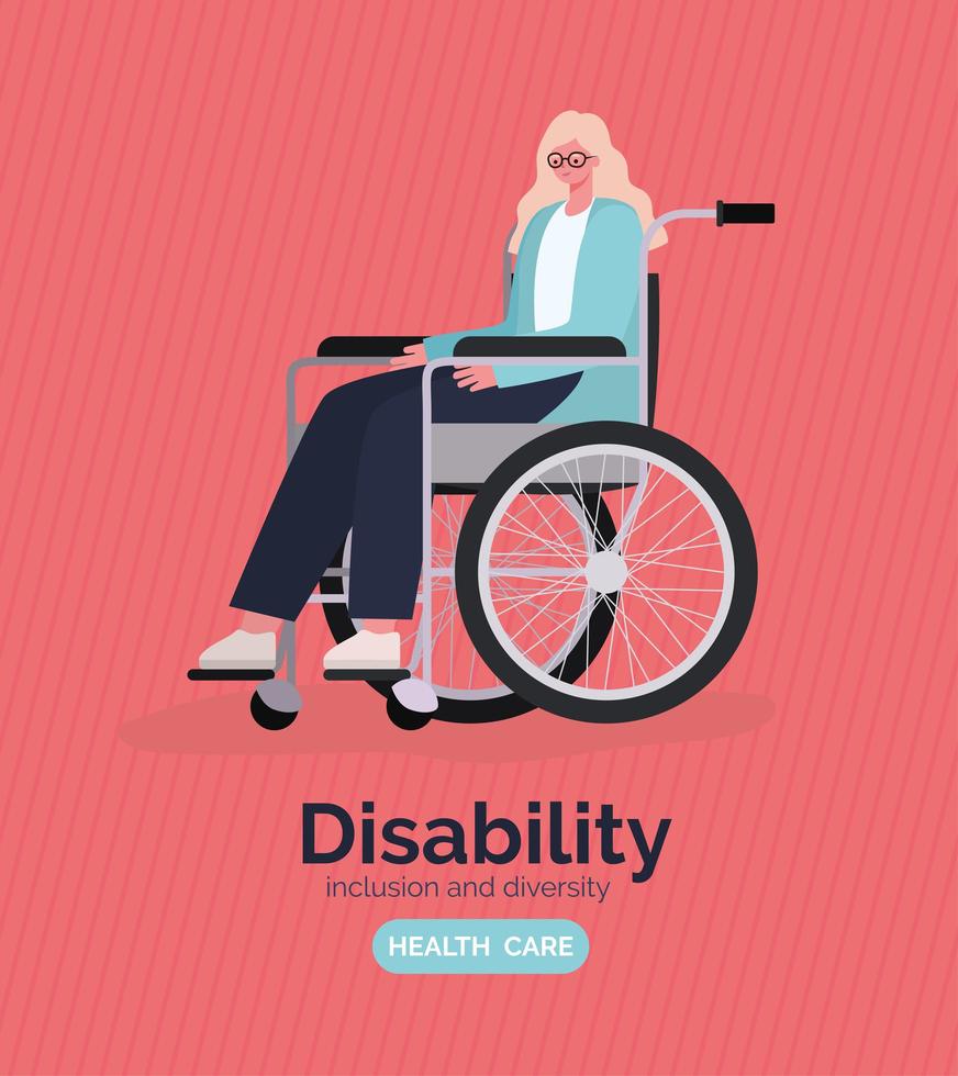 poster di sensibilizzazione sulla disabilità con la donna su una sedia a rotelle vettore