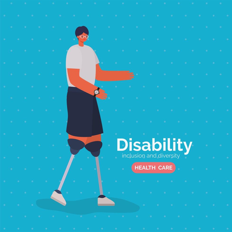 poster di consapevolezza della disabilità con uomo con disegno vettoriale di protesi della gamba