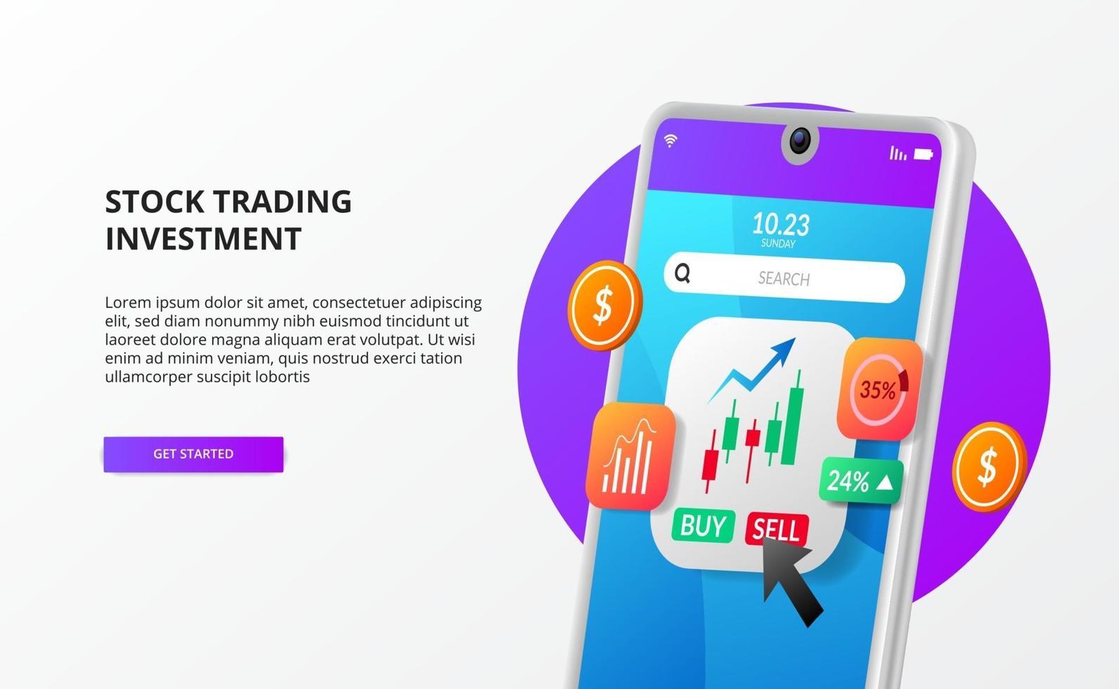 app titoli azionari trading investimento con grafico a candele illustrazione con crescita dei soldi del telefono 3d vettore