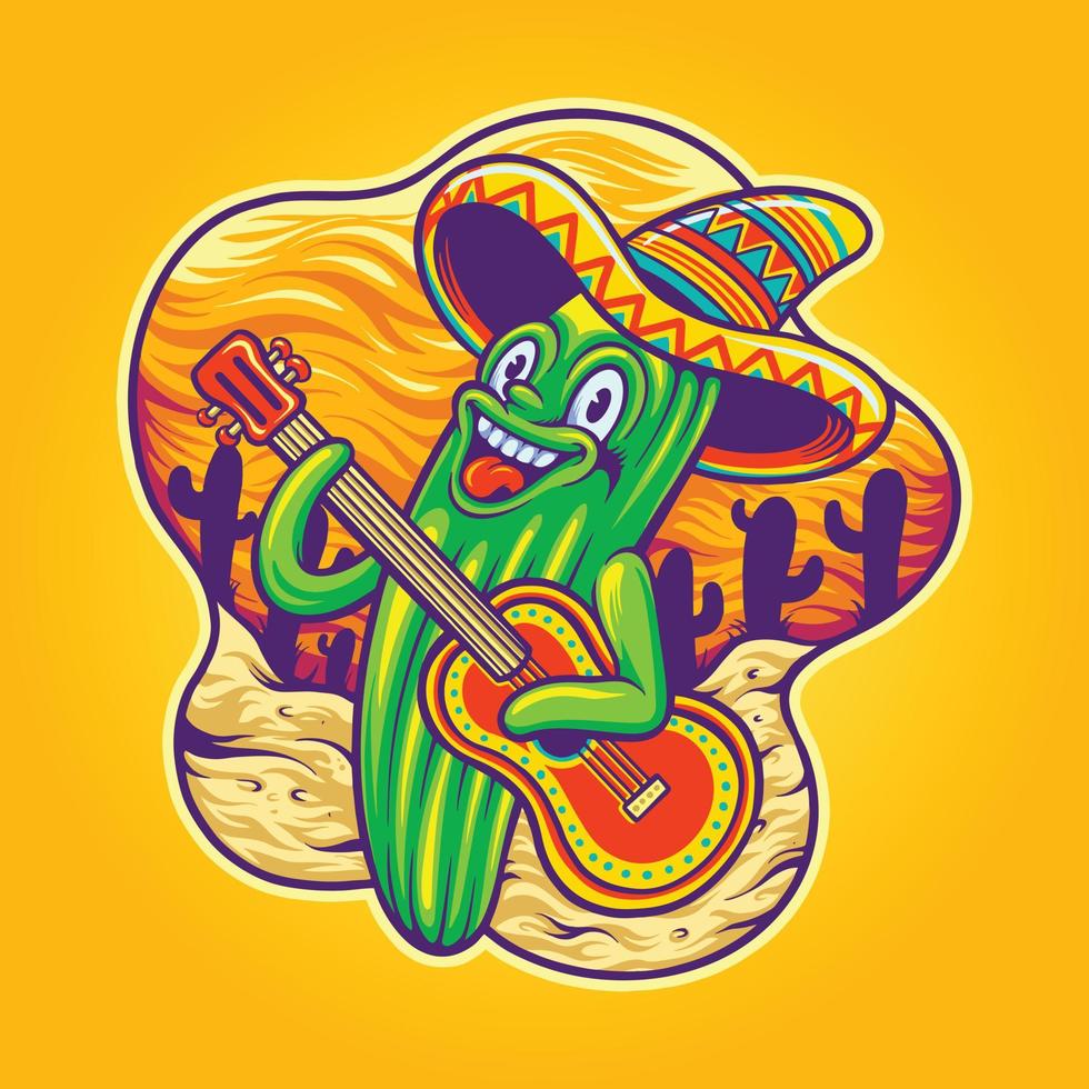 carino cactus cinco de mayo messicano chitarra logo cartone animato illustrazioni vettore