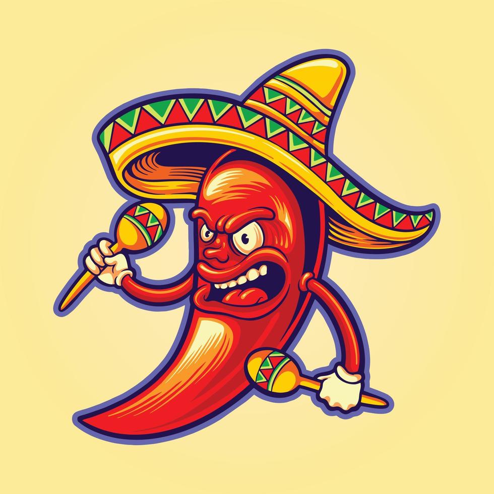 arrabbiato messicano cinco de mayo peperoncino Pepe giocare maracas logo illustrazioni vettore